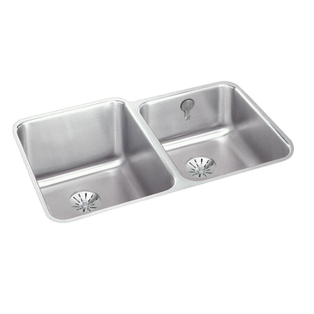 Elkay Lustertone Stainless Steel 31-1/4X20-1/2X9-7/8 Offset Double Bowl Undermount Sink W/Perfect Drain ELUH3120RPDK